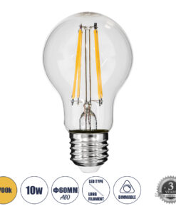 GLOBOSTAR® GLOBE 99008 Λάμπα E27 A60 LED 10W 1000lm 360° AC 220-240V IP20 Θερμό Λευκό 2700K Dimmable - Long Filament Chip - Διάφανο - Μ6 x Π6 x Υ10.5cm - 3 Χρόνια Εγγύηση