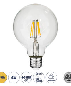 GLOBOSTAR® BUBBLE 99009 Λάμπα E27 G95 LED 4W 400lm 360° AC 220-240V IP20 Θερμό Λευκό 2700K - Long Filament Chip - Διάφανο - Μ9.5 x Π9.5 x Υ13.7cm - 3 Χρόνια Εγγύηση