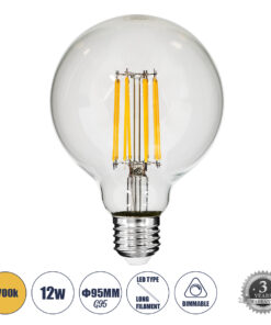 GLOBOSTAR® BUBBLE 99011 Λάμπα E27 G95 LED 12W 1200lm 360° AC 220-240V IP20 Θερμό Λευκό 2700K Dimmable - Long Filament Chip - Διάφανο - Μ9.5 x Π9.5 x Υ13.7cm - 3 Χρόνια Εγγύηση