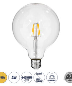 GLOBOSTAR® BUBBLE 99012 Λάμπα E27 G125 LED 4W 400lm 360° AC 220-240V IP20 Θερμό Λευκό 2700K Dimmable - Long Filament Chip - Διάφανο - Μ12.5 x Π12.5 x Υ18cm - 3 Χρόνια Εγγύηση