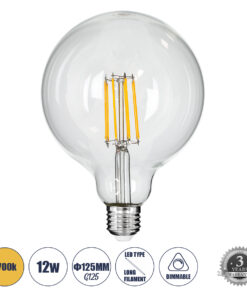 GLOBOSTAR® BUBBLE 99014 Λάμπα E27 G125 LED 12W 1200lm 360° AC 220-240V IP20 Θερμό Λευκό 2700K Dimmable - Long Filament Chip - Διάφανο - Μ12.5 x Π12.5 x Υ18cm - 3 Χρόνια Εγγύηση