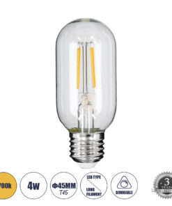 GLOBOSTAR® TUBIS 99018 Λάμπα Σωλήνας E27 T45 LED 4W 400lm 360° AC 220-240V IP20 Θερμό Λευκό 2700K Dimmable - Long Filament Chip - Διάφανο - Μ4.5 x Π4.5 x Υ11cm - 3 Χρόνια Εγγύηση