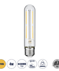 GLOBOSTAR® TUBIS 99019 Λάμπα Σωλήνας E27 T30 LED 4W 400lm 360° AC 220-240V IP20 Θερμό Λευκό 2700K Dimmable - Long Filament Chip - Διάφανο - Μ3 x Π3 x Υ13.5cm - 3 Χρόνια Εγγύηση