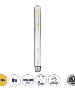GLOBOSTAR® TUBIS 99020 Λάμπα Σωλήνας E27 T30 LED 8W 800lm 360° AC 220-240V IP20 Θερμό Λευκό 2700K Dimmable – Long Filament Chip – Διάφανο – Μ3 x Π3 x Υ30cm – 3 Χρόνια Εγγύηση