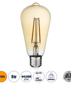 GLOBOSTAR® PEAR 99046 Λάμπα E27 ST64 LED 8W 720lm 360° AC 220-240V IP20 Ultra Θερμό Λευκό 2200K Dimmable - Long Filament Chip - Μελί - Μ6.4 x Π6.4 x Υ14cm - 3 Χρόνια Εγγύηση