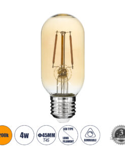 GLOBOSTAR® TUBIS 99048 Λάμπα Σωλήνας E27 T45 LED 4W 350lm 360° AC 220-240V IP20 Ultra Θερμό Λευκό 2200K Dimmable - Long Filament Chip - Μελί - Μ4.5 x Π4.5 x Υ11cm - 3 Χρόνια Εγγύηση