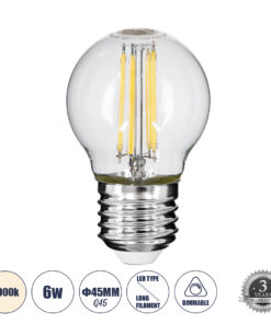 GLOBOSTAR® SPHERE 99052 Λάμπα E27 G45 LED 6W 660lm 360° AC 220-240V IP20 Φυσικό Λευκό 4500K Dimmable - Long Filament Chip -Διάφανο - Μ4.5 x Π4.5 x Υ7.5cm - 3 Χρόνια Εγγύηση