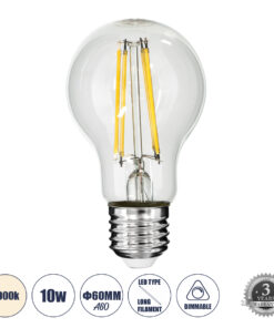 GLOBOSTAR® GLOBE 99053 Λάμπα E27 A60 LED 10W 1100lm 360° AC 220-240V IP20 Φυσικό Λευκό 4500K Dimmable - Long Filament Chip - Διάφανο - Μ6 x Π6 x Υ10.5cm - 3 Χρόνια Εγγύηση