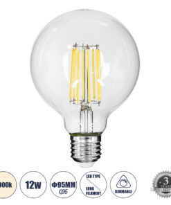 GLOBOSTAR® BUBBLE 99054 Λάμπα E27 G95 LED 12W 1320lm 360° AC 220-240V IP20 Φυσικό Λευκό 4500K Dimmable - Long Filament Chip - Διάφανο - Μ9.5 x Π9.5 x Υ13.5cm - 3 Χρόνια Εγγύηση