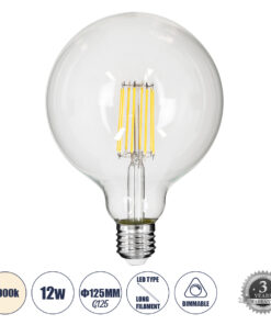 GLOBOSTAR® BUBBLE 99055 Λάμπα E27 G125 LED 12W 1320lm 360° AC 220-240V IP20 Φυσικό Λευκό 4500K Dimmable - Long Filament Chip - Διάφανο - Μ12.5 x Π12.5 x Υ18cm - 3 Χρόνια Εγγύηση