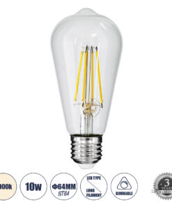 GLOBOSTAR® PEAR 99056 Λάμπα E27 ST64 LED 10W 1100lm 360° AC 220-240V IP20 Φυσικό Λευκό 4500K Dimmable - Long Filament Chip - Διάφανο - Μ6.4 x Π6.4 x Υ14cm - 3 Χρόνια Εγγύηση