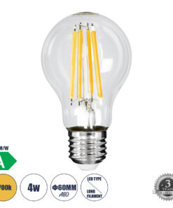 GLOBOSTAR® GLOBE 99083 Λάμπα E27 A60 LED 4W 840lm 360° AC 220-240V IP20 Θερμό Λευκό 2700K - Long Filament Chip - Διάφανο - Μ6 x Π6 x Υ11cm - 3 Χρόνια Εγγύηση