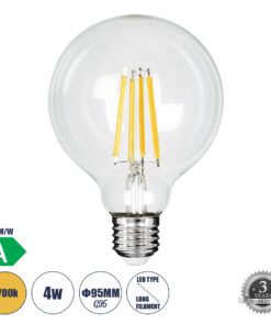 GLOBOSTAR® BUBBLE 99084 Λάμπα E27 G95 LED 4W 840lm 360° AC 220-240V IP20 Θερμό Λευκό 2700K - Long Filament Chip - Διάφανο - Μ9.5 x Π9.5 x Υ13.8cm - 3 Χρόνια Εγγύηση