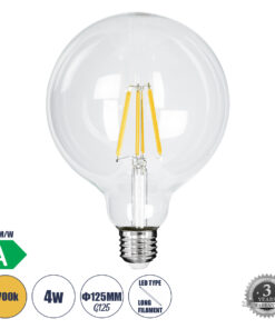 GLOBOSTAR® BUBBLE 99085 Λάμπα E27 G125 LED 4W 840lm 360° AC 220-240V IP20 Θερμό Λευκό 2700K - Long Filament Chip - Διάφανο - Μ12.5 x Π12.5 x Υ13.8cm - 3 Χρόνια Εγγύηση