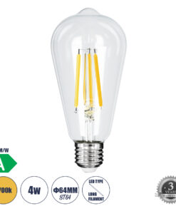 GLOBOSTAR® PEAR 99086 Λάμπα E27 ST64 LED 4W 840lm 360° AC 220-240V IP20 Θερμό Λευκό 2700K - Long Filament Chip - Διάφανο - Μ6.4 x Π6.4 x Υ14.5cm - 3 Χρόνια Εγγύηση