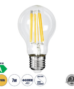 GLOBOSTAR® GLOBE 99087 Λάμπα E27 A60 LED 7W 1470lm 360° AC 220-240V IP20 Θερμό Λευκό 2700K - Long Filament Chip - Διάφανο - Μ6 x Π6 x Υ11cm - 3 Χρόνια Εγγύηση
