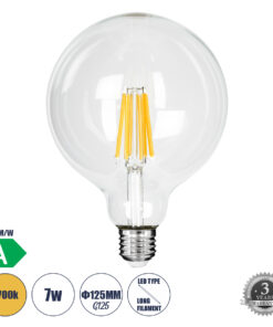 GLOBOSTAR® BUBBLE 99089 Λάμπα E27 G125 LED 7W 1470lm 360° AC 220-240V IP20 Θερμό Λευκό 2700K - Long Filament Chip - Διάφανο - Μ12.5 x Π12.5 x Υ13.8cm - 3 Χρόνια Εγγύηση
