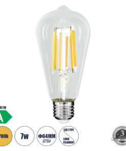 GLOBOSTAR® PEAR 99090 Λάμπα E27 ST64 LED 7W 1470lm 360° AC 220-240V IP20 Θερμό Λευκό 2700K - Long Filament Chip - Διάφανο - Μ6.4 x Π6.4 x Υ14.5cm - 3 Χρόνια Εγγύηση