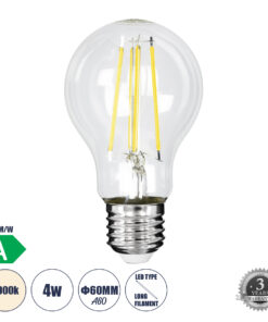 GLOBOSTAR® GLOBE 99091 Λάμπα E27 A60 LED 4W 840lm 360° AC 220-240V IP20 Φυσικό Λευκό 4500K - Long Filament Chip - Διάφανο - Μ6 x Π6 x Υ11cm - 3 Χρόνια Εγγύηση