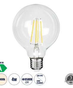GLOBOSTAR® BUBBLE 99092 Λάμπα E27 G95 LED 4W 840lm 360° AC 220-240V IP20 Φυσικό Λευκό 4500K - Filament Chip - Διάφανο - Μ9.5 x Π9.5 x Υ13.8cm - 3 Χρόνια Εγγύηση