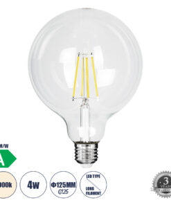 GLOBOSTAR® BUBBLE 99093 Λάμπα E27 G125 LED 4W 840lm 360° AC 220-240V IP20 Φυσικό Λευκό 4500K - Long Filament Chip - Διάφανο - Μ12.5 x Π12.5 x Υ13.8cm - 3 Χρόνια Εγγύηση