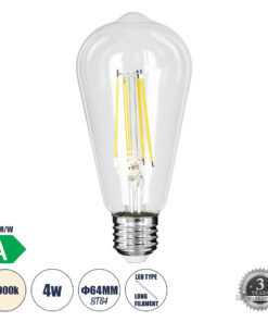 GLOBOSTAR® PEAR 99094 Λάμπα E27 ST64 LED 4W 840lm 360° AC 220-240V IP20 Φυσικό Λευκό 4500K - Long Filament Chip - Διάφανο - Μ6.4 x Π6.4 x Υ14.5cm - 3 Χρόνια Εγγύηση