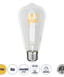 GLOBOSTAR® PEAR 99140 Λάμπα E27 ST64 LED 4W 300lm 360° AC 220-240V IP20 Θερμό Λευκό 2700K Dimmable - Soft T Spiral Filament Chip - Διάφανο - Μ6.4 x Π6.4 x Υ14cm - 3 Χρόνια Εγγύηση