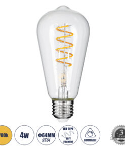 GLOBOSTAR® PEAR 99143 Λάμπα E27 ST64 LED 4W 300lm 360° AC 220-240V IP20 Θερμό Λευκό 2700K Dimmable - Soft S Spiral Filament Chip - Διάφανο - Μ6.4 x Π6.4 x Υ14cm - 3 Χρόνια Εγγύηση