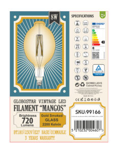 GLOBOSTAR® MANGOS 99166 Λάμπα E27 BT180 LED 8W 720lm 360° AC 220-240V IP20 Ultra Θερμό Λευκό 2200K Dimmable – Long Filament Chip – Μελί – Μ18 x Π18 x Υ39cm – 3 Χρόνια Εγγύηση