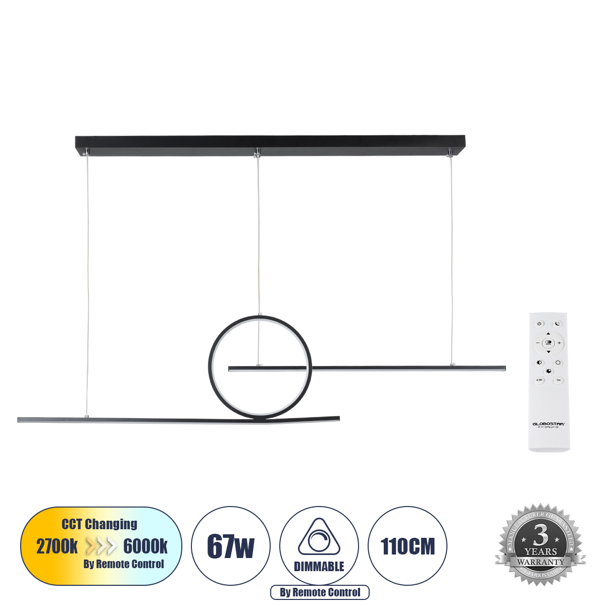 GLOBOSTAR® TEREZA 61288 Μοντέρνο Κρεμαστό Φωτιστικό Οροφής LED 67W 7504lm 300° AC 220-240V IP20 Ρυθμιζόμενο Λευκό CCT με Χειριστήριο από 2700K έως 6000K Dimmable - Lumileds SMD Chip - Μαύρο Ματ - Μ110 x Π4.5 x Υ34cm - 3 Χρόνια Εγγύηση - Image 2