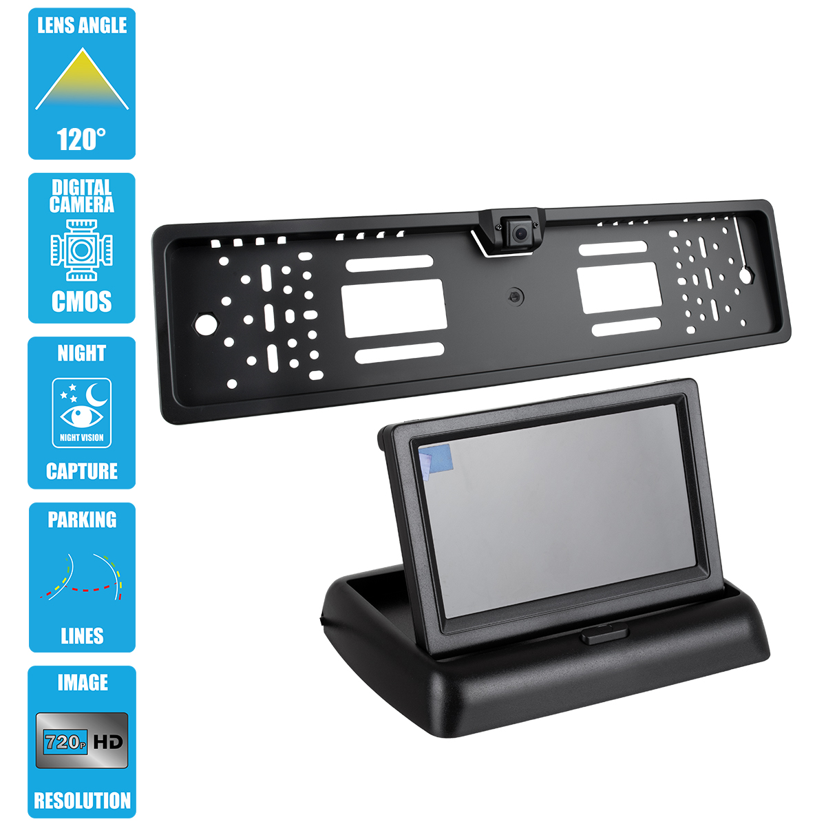 GloboStar® 86013 Πλαίσιο Πινακίδας Αυτοκινήτου με Ενσωματωμένη Αδιάβροχη Κάμερα Οπισθοπορείας 720p HD CMOS Signal 170° DC 12V και Πτυσσόμενη Οθόνη 4.3" - Image 2