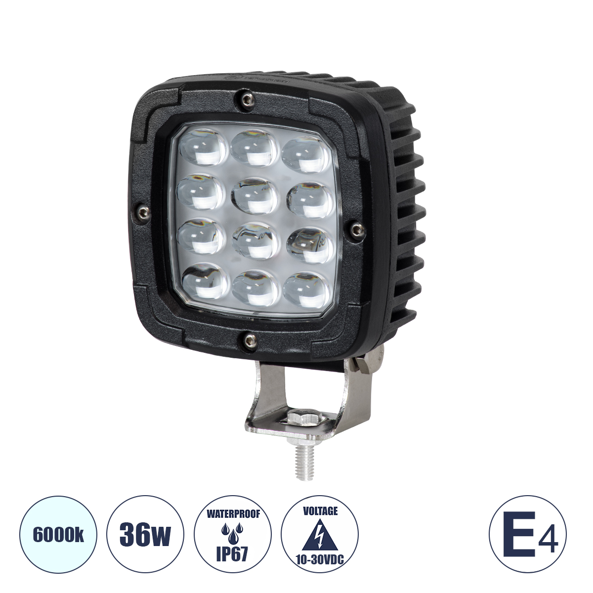 GloboStar® 85428 E4 Mark Vehicle & Forklift Work Lights – Φώτα Εργασίας για Οχήματα Περονοφόρα – Κλάρκ LED 36W DC 10-30V Αδιάβροχο IP67 Ψυχρό Λευκό 6000K Μ12.5 x Π9.5 x Υ6.5cm