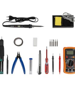 GLOBOSTAR® ELEKIT 79978 Ολοκληρωμένο DIY ΚΙΤ Εργαλείων Ηλεκτρονικού - Κολλητήρι & Βάση, Απορροφητική Τρόμπα Κόλλησης, Πλαγιοκόφτης, Τσιμπιδάκι Tweezer, Πενσέτα, Καλάι Κόλλησης, Κοπίδια, Φαλτσέτες & Ψηφιακό Πολύμετρο - Μ26 x Π18 x Υ5.5cm
