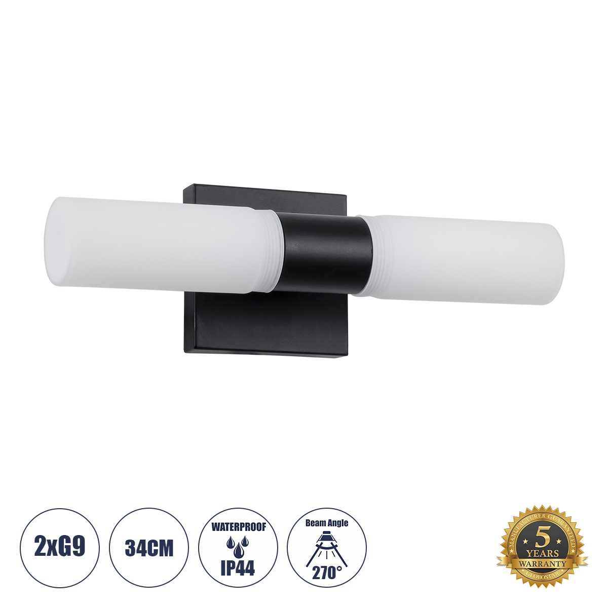 GLOBOSTAR® ANAIS 60408 Μοντέρνο Φωτιστικό Τοίχου - Απλίκα Καθρέπτη Μπάνιου με Ντουί 2 x G9 AC 220-240V IP44 - Μαύρο Ματ & Λευκό - Μ34 x Π12 x Υ11cm - Image 2