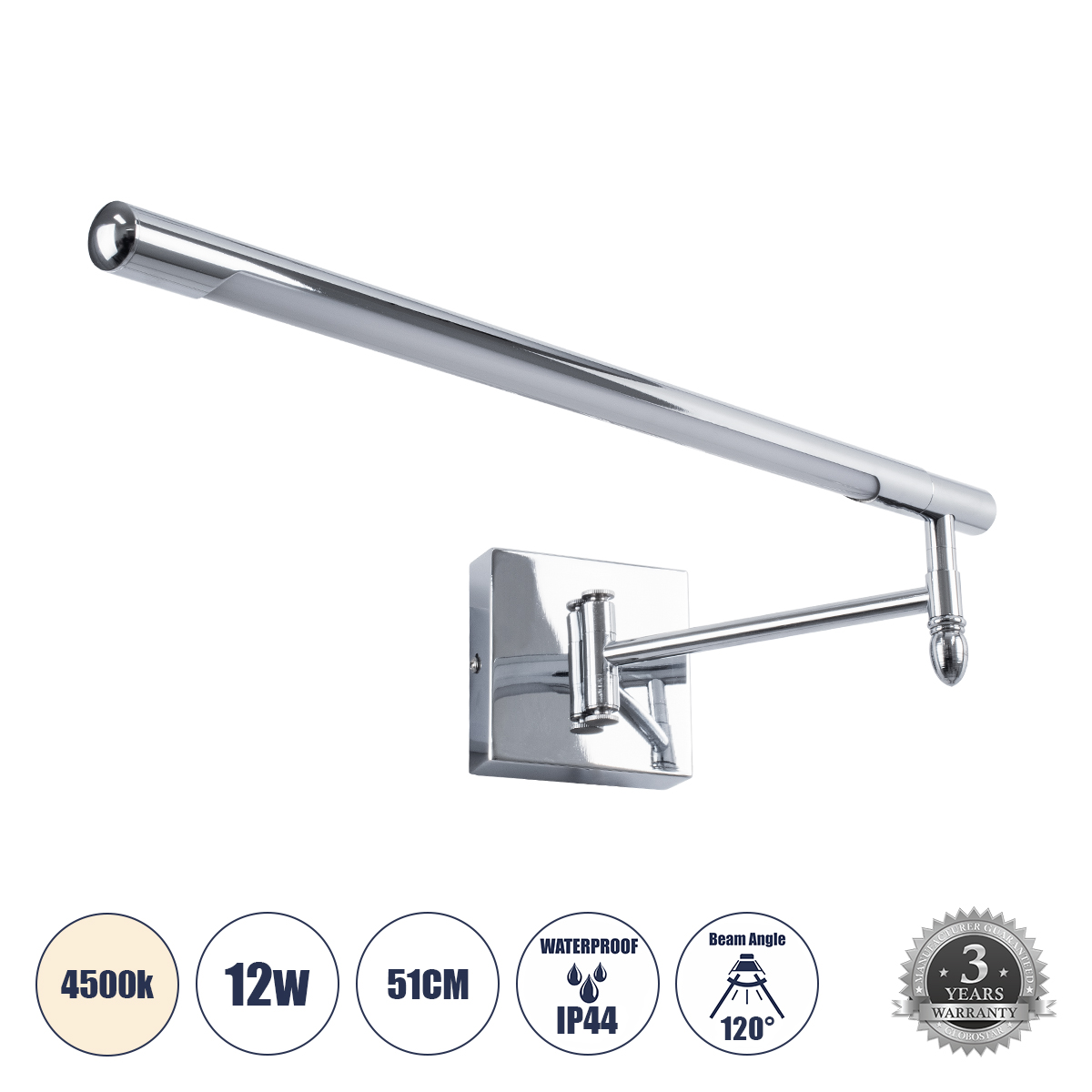 GLOBOSTAR® FRIDA 60458 Μοντέρνο Φωτιστικό Τοίχου - Απλίκα Καθρέπτη Μπάνιου LED 12W 1400lm 120° AC 220-240V IP44 Φυσικό Λευκό 4500K - Lumileds SMD Chip & TÜV SÜD Driver - Νίκελ Χρώμιο - Μ51 x Π25 x Υ10cm - 3 Χρόνια Εγγύηση - Image 2