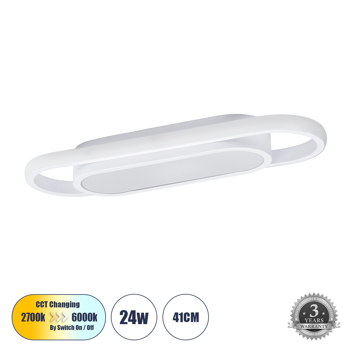 GLOBOSTAR® IGOR 61217 Μοντέρνο Φωτιστικό Οροφής LED 24W 2880lm 210° AC 220-240V IP20 Ρυθμιζόμενο Λευκό CCT με On/Off 2700K/4500K/6000K - Lumileds SMD Chip - Λευκό Ματ - Μ41 x Π13 x Υ4.5cm - 3 Χρόνια Εγγύηση - Image 2