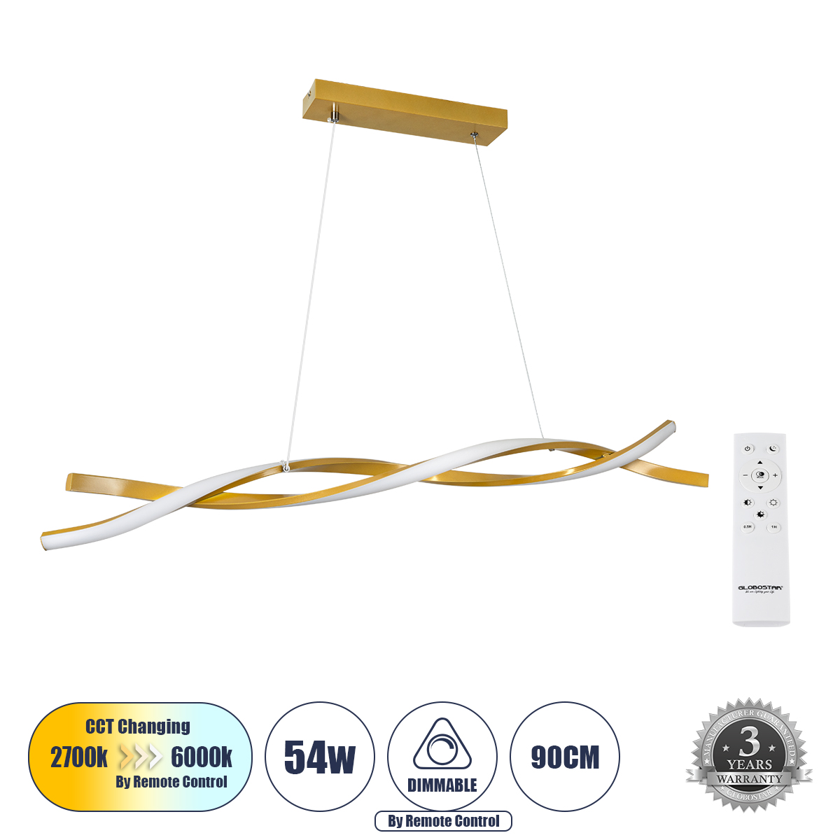 GLOBOSTAR® MORALES 61278 Μοντέρνο Κρεμαστό Φωτιστικό Οροφής LED 54W 6048lm 300° AC 220-240V IP20 Ρυθμιζόμενο Λευκό CCT με Χειριστήριο από 2700K έως 6000K Dimmable - Lumileds SMD Chip - Σατινέ Χρυσό Βούρτσας - Μ90 x Π14 x Υ14cm - 3 Χρόνια Εγγύηση - Image 2