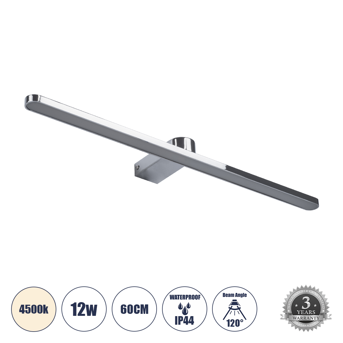 GLOBOSTAR® MEGAN 60449 Μοντέρνο Φωτιστικό Τοίχου - Απλίκα Καθρέπτη Μπάνιου LED 12W 1400lm 120° AC 220-240V IP44 Φυσικό Λευκό 4500K - Lumileds SMD Chip & TÜV SÜD Driver - Νίκελ Χρώμιο - Μ60 x Π12 x Υ4cm - 3 Χρόνια Εγγύηση - Image 2