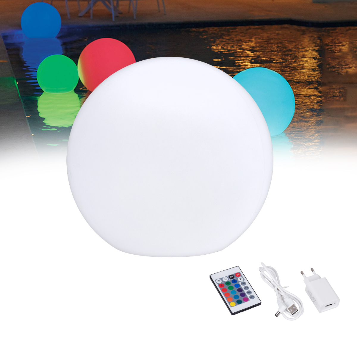 GLOBOSTAR® GARDENGLOW 85824 Μοντέρνο Φωτιστικό Κήπου Μπάλα με IR Ασύρματο Χειριστήριο LED 5W 250lm 360° DC 5V με USB-C με Επαναφορτιζόμενη Μπαταρία Li-ion 3.7V 2x18650 1400mAh Αδιάβροχο IP54 Πολύχρωμο RGBW Dimmable - Sanan SMD Chip - Γαλακτερό Λευκό - Μ24 x Π24 x Υ24cm - 2 Χρόνια Εγγύηση - Image 2