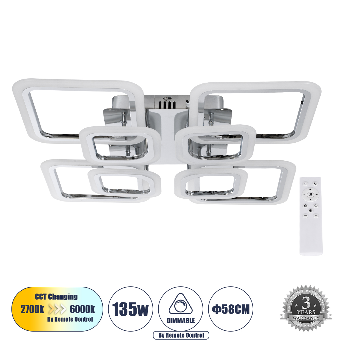 GLOBOSTAR® ROYAL-S 61326 Μοντέρνο Φωτιστικό Οροφής LED 135W 16200lm 360° AC 220-240V IP20 Ρυθμιζόμενο Λευκό CCT με Χειριστήριο από 2700K έως 6000K Dimmable - Lumileds SMD Chip - Ασημί Νίκελ - Μ58.5 x Π58.5 x Υ12cm - 3 Χρόνια Εγγύηση - Image 2