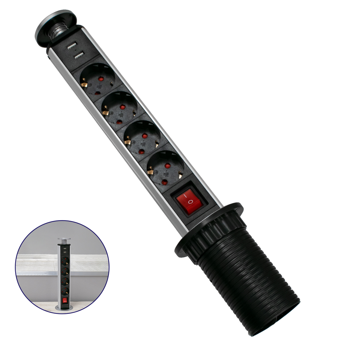 GloboStar® 79631 Χωνευτό Πτυσσόμενο Πολύμπριζο με 4 Πρίζες Ασφαλείας EU Σούκο AC 230V Max 4000W & 2 Εξόδους USB DC 5V Max 3A 18W & Ενσωματωμένο Διακόπτη Οn/Off - Image 2
