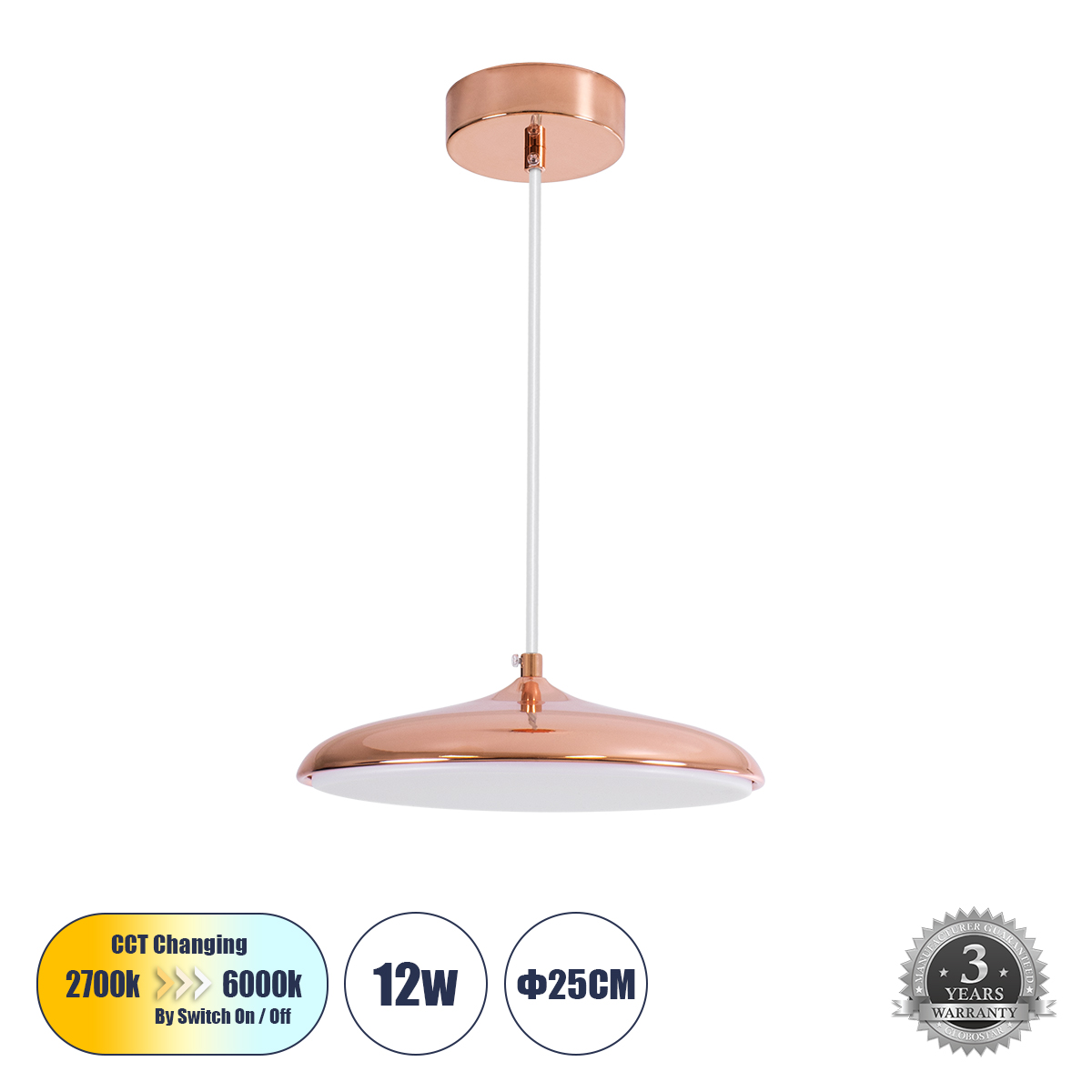 GLOBOSTAR® BARON 61253 Μοντέρνο Κρεμαστό Φωτιστικό Οροφής LED 12W 1440lm 120° AC 220-240V IP20 Ρυθμιζόμενο Λευκό CCT με On/Off 2700K/4500K/6000K - Lumileds SMD Chip - Ροζ Χρυσό - Μ25 x Π25 x Υ8cm - 3 Χρόνια Εγγύηση - Image 2