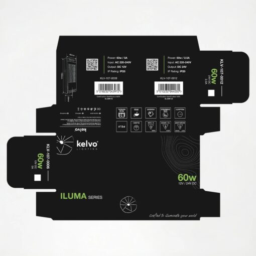 kelvo® ILUMA KLV-107-0006 Slim Τροφοδοτικό/Μετασχηματιστής Class I PELV 60W 5A AC 220-240V σε DC 12V IP20 – Γκρι Ανθρακί Ματ – Μ13.3 x Π4.8 x Υ2.8cm – 5 Χρόνια Εγγύηση