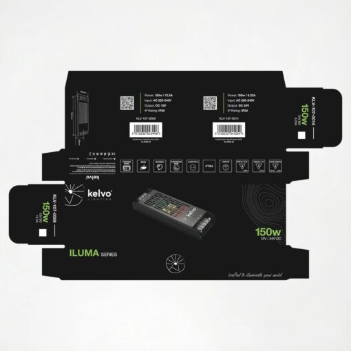 kelvo® ILUMA KLV-107-0008 Slim Τροφοδοτικό/Μετασχηματιστής Class I PELV 150W 12.5A AC 220-240V σε DC 12V IP20 – Γκρι Ανθρακί Ματ – Μ18.1 x Π4.8 x Υ2.8cm – 5 Χρόνια Εγγύηση