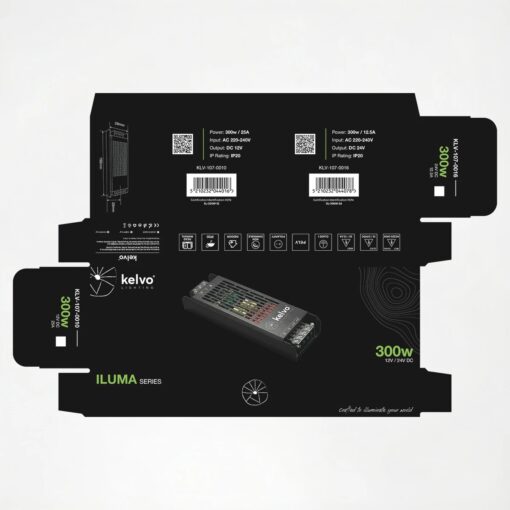 kelvo® ILUMA KLV-107-0010 Slim Τροφοδοτικό/Μετασχηματιστής Class I PELV 300W 25A AC 220-240V σε DC 12V IP20 – Γκρι Ανθρακί Ματ – Μ19.6 x Π5.9 x Υ2.8cm – 5 Χρόνια Εγγύηση
