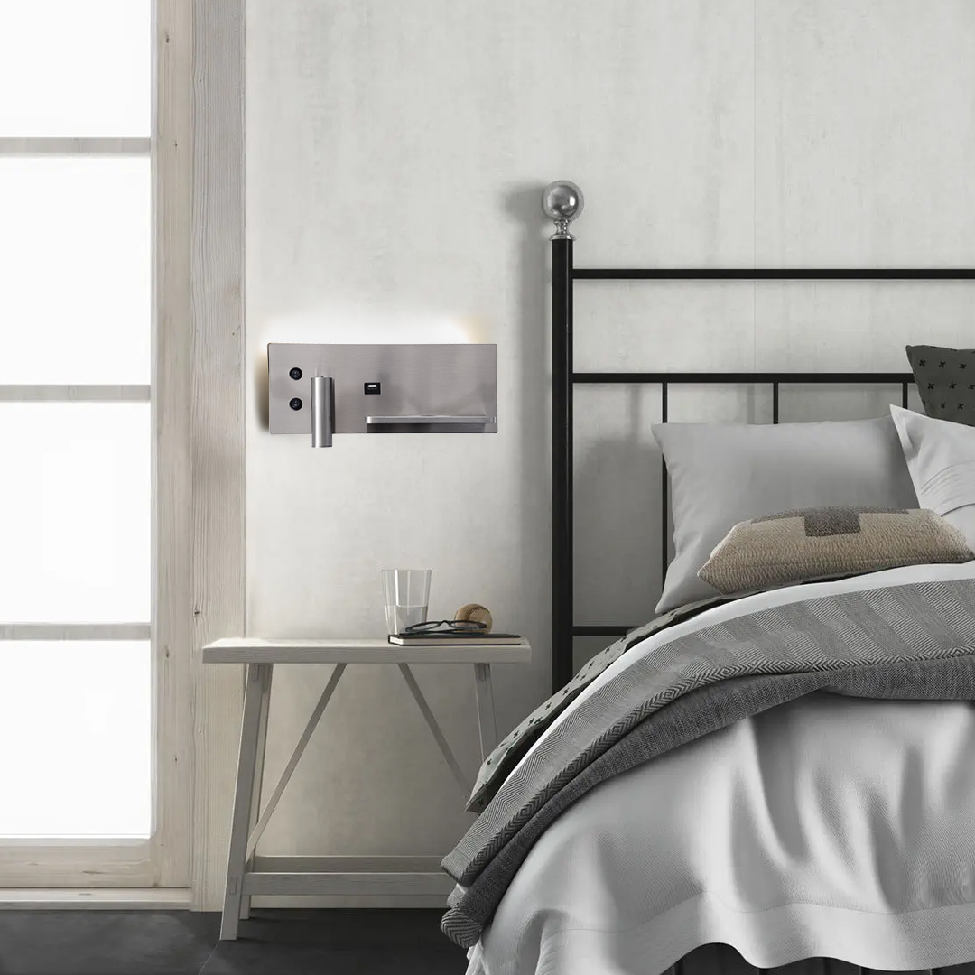 GLOBOSTAR® PALADIN 61356 Μοντέρνο Φωτιστικό Τοίχου - Απλίκα Ξενοδοχείου Reading Light με Φορτιστή USB 3A & Wireless 20W LED 6W 720lm 36° & 360° AC 220-240V IP20 Φυσικό Λευκό 4500K - Bridgelux COB Chip & TÜV SÜD Driver - Νίκελ Βούρτσας - Μ30 x Π11 x Υ12cm - 3 Χρόνια Εγγύηση - Image 15