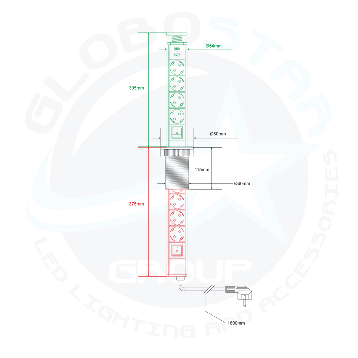 GloboStar® 79631 Χωνευτό Πτυσσόμενο Πολύμπριζο με 4 Πρίζες Ασφαλείας EU Σούκο AC 230V Max 4000W & 2 Εξόδους USB DC 5V Max 3A 18W & Ενσωματωμένο Διακόπτη Οn/Off - Image 11