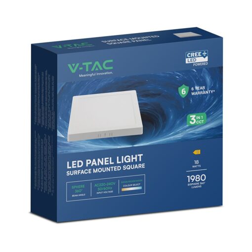 CCT LED Panel V-TAC Cree Chip 18W 1980lm 3in1 Τετράγωνο Επιφανειακό 22x22cm 6yrs Wty 104986VT