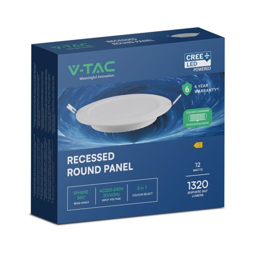 CCT LED Panel V-TAC Cree Chip 12W 1320lm 3in1 Στρογγυλό Χωνευτό Φ17cm 6yrs Wty 78616VT