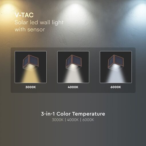 V‑TAC 243408CCT Ηλιακό Φωτιστικό Τοίχου LED Απόχρωση Σκουριάς 900lm 3CCT Ανιχνευτής Κίνησης PIR IP65 100×100×100